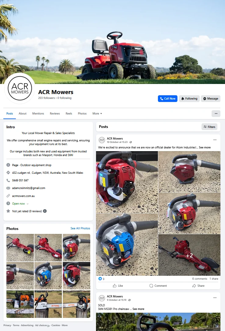 Screen shot of ACR Mowers FB page selling Second hand mowers and garden equipment in the tweed coast, northern rivers region, nsw